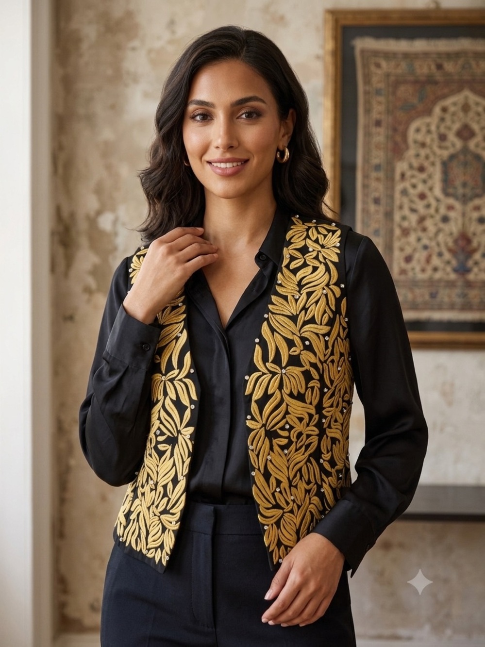 Black & Gold Embroidered Women's Vest